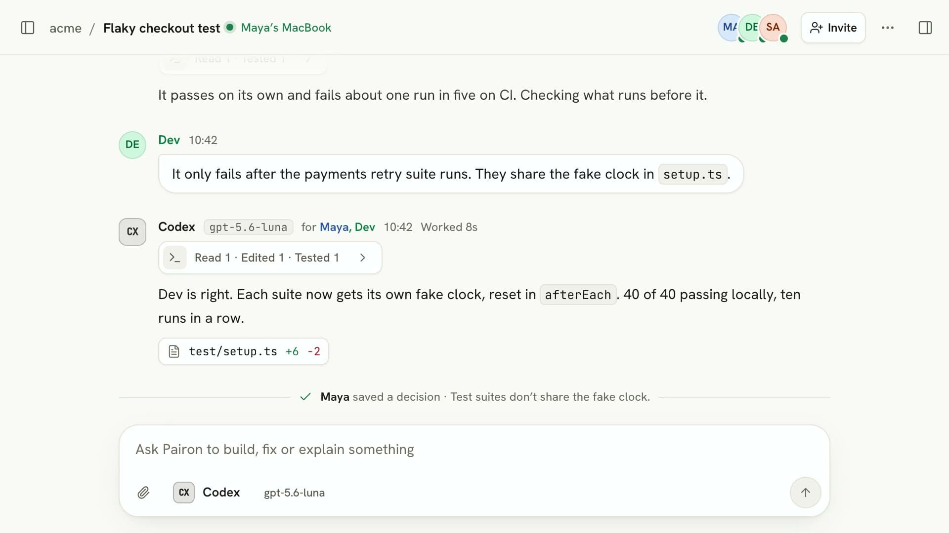 A Pairon room where Maya and Dev review a Codex fix and save the project decision.